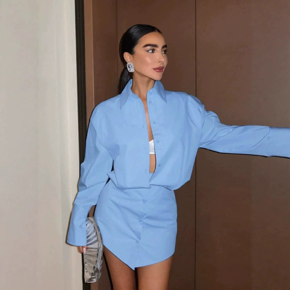 Zara Wind Blue Loose Fit Turn Down Collar Shirtdress Slim Pencil Dress